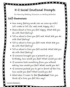 180 Daily SEL Social Emotional Learning Question Prompts for K-2Perfect for your daily message, morning meeting, discussions, writing prompts, or just to fill in any extra time! Make daily SEL incorporation easy and intentional! 180 Social Emotional Learning Question Prompts that are aligned with the CASEL (Collaborative for Academic, Social and Emotional Learning) and organized by the 5 Competencies: Self-Awareness, Self-Management, Social Awareness, Relationship Skills, and Responsible Decisio Social Emotional Learning Activities 3rd Grade, Social And Emotional Activities For Kids, Social Emotional Learning Elementary, Situation Prompts, Feelings Identification, Question Prompts, Parenting Support, Deep Conversation Starters, Social Emotional Learning Lessons