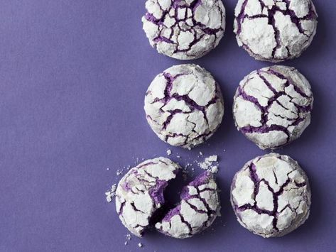 Ube Crinkle Cookies Ube Crinkle Cookies Recipe, Ube Crinkles Cookies Recipe, Ube Crinkle Cookies, Crinkle Cookies Recipe, Purple Food Coloring, Gooey Chocolate Chip Cookies, Purple Food, Food Network Magazine, Crinkle Cookies