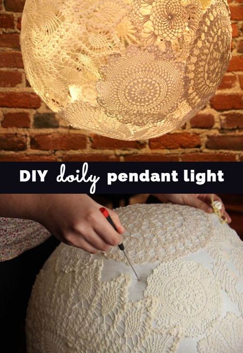 DIY Doily Pendant Lighting - Cool Bedroom Decor Ideas and Creative, Homemade Lighting Ideas Homemade Lighting, Diy Doily, Doilies Crafts, 2 Pretty, Diy Decoracion, Diy Lampe, Cup Hooks, Dekor Diy, Pretty Kitchen