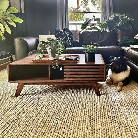 Medium Wood Coffee Table, Warm Coffee Table, Coffee Tables Mid Century Modern, How To Style A Living Room Table, Condo Coffee Table, Small Coffee Table Aesthetic, Mcm Living Room Coffee Tables, Cool Wood Coffee Table, Mid Century Modern Living Room Storage