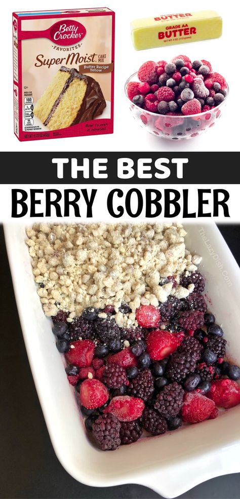 If you're looking for quick, easy and delicious dessert recipes, you won't believe how good this frozen berry cobbler is! It's also really easy to make like dump cake. It's made with just a few ingredients including mixed frozen berries, boxed yellow cake mix, butter, walnuts and oats. Serve warm with vanilla ice cream. Oh my goodness!! My family loves this dessert recipe. It's great for any time of the year but we make it for special occassions like birthdays and family gatherings. Frozen Berry Cobbler, Best Berry Cobbler, Berry Cobbler Recipe, Fruit Cobbler Recipe, Cake Mix Cobbler, Mixed Berry Cobbler, Berry Cobbler Recipes, Cobbler Recipes Easy, Berry Cobbler