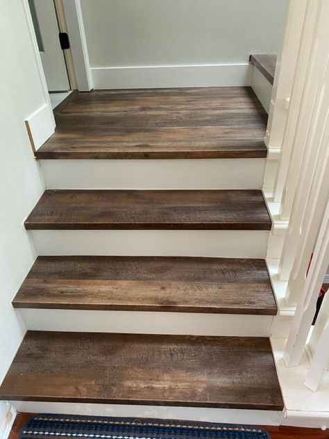 Wood Floor Stairs, White Stair Risers, Farmhouse Staircase, Square Nose, Farmhouse Stairs, Stairs Colours, Future Farmhouse, Wood Stair Treads, Laminate Stairs