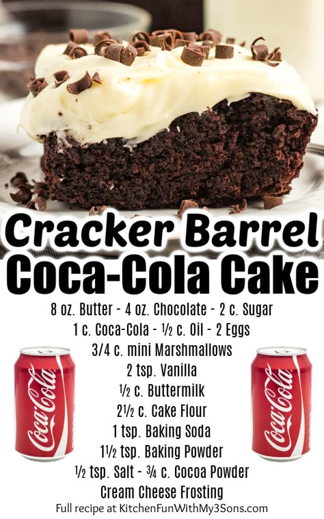 Chocolate Cake With Cream Cheese, Coca Cola Recipes, Coke Cake, Cola Recipe, Cracker Barrel Recipes, Coca Cola Cake, Cola Cake, Chocolate Peanut Butter Cake, Homemade Frosting