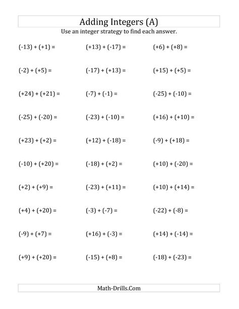 The Adding Integers from (-25) to (+25) (All Numbers in Parentheses) (A) Math Worksheet Addition Of Integers, Add Integers, Adding Integers Worksheet, Integers Activities, Subtracting Integers Worksheet, Negative Numbers Worksheet, Multiplying And Dividing Integers, Dividing Integers, Adding Integers