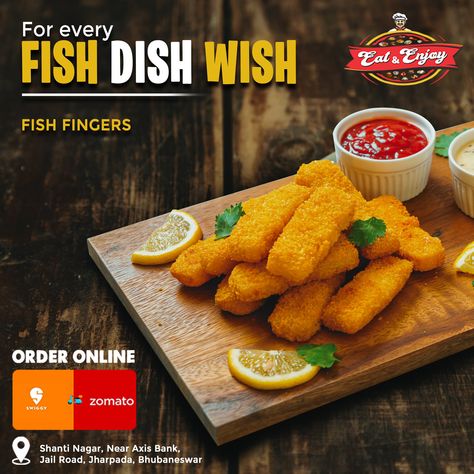 Try the Fish fingers which are crumb coated and fried till crispy and crunchy Grab it for a perfect starter/appetizer. Visit Eat & Enjoy to order your delicious appetizer. . . #foodiesofinstagram #fish #fishlovers #nonveg #nonvegetarian #yummyfood #fastfood #foodblogger #restaurant #Bhubaneswar #swiggy #zomato Fish Fingers, Food Captions, Fish Finger, Food Advertising, Food Website, Website Banner, Fried Fish, Fish Dishes, Ads Creative