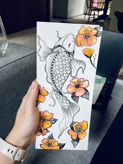 Koi drawing with pen and ink and water color! Flower Fish Drawing, Koi Fish Marker Drawing, Koi Drawing, Drawing With Pen, Coloring Brush Pen, Koi Fish Drawing, Markers Drawing Ideas, Markers Drawing, Turtle Drawing