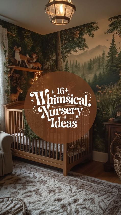 A beautifully decorated forest-inspired nursery with a woodland mural, soft lighting, and a cozy crib setup. Wind In The Willows Nursery, Simple Woodland Nursery, Nursery Ceiling Wallpaper, Woodland Theme Nursery Boy, Library Nursery Theme, Enchanted Forest Theme Nursery, Moody Nursery Boy, Spring Nursery Ideas, Whimsical Boy Nursery