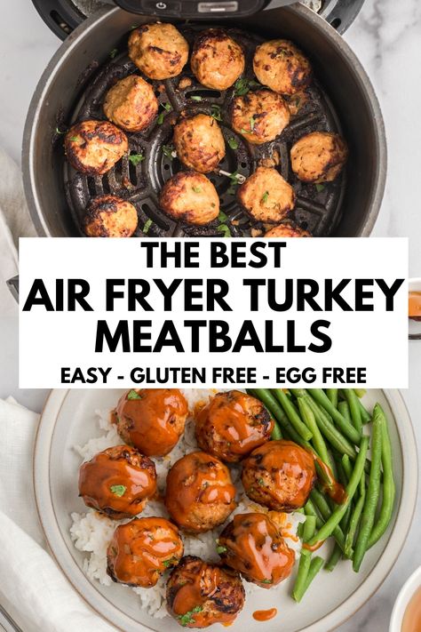 Turkey meatballs in air fryer basket, honey chipotle sauce over the meatballs. Chipotle Honey Sauce, Air Fryer Turkey Meatballs, Egg Free Meatballs, Honey Chipotle Sauce, Gluten Free Turkey Meatballs, Turkey Meatballs Healthy, Air Fryer Turkey, Ground Turkey Meatballs, Honey Chipotle