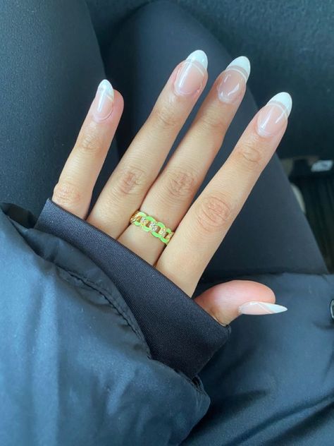 Upgraded French Manicure, Hoco Nail Ideas Almond, French Tip Nails With Line Under, Basic Almond Acrylic Nails, Birthday Nails Round, White Almond French Tip Nails, Rounded French Tip Nails, Prom Nails Simple, Nail Ideas Basic