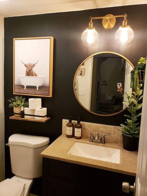 Private Toilet Room Decor, Gray Restroom Ideas, Bathroom Ideas Black And Gold, Caramel Bathroom, Back Of Toilet Decor, Mens Decor, Storage Ideas Bathroom, Lighting Bathroom Vanity, Black Gold Bathroom