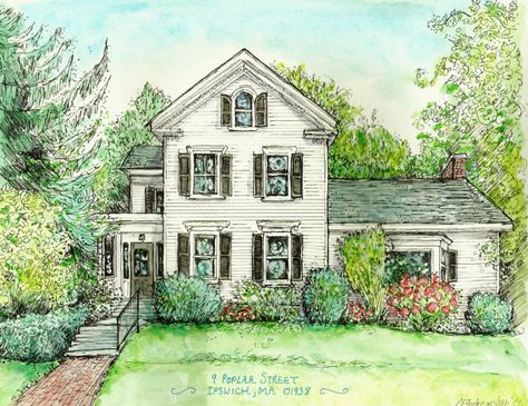 Custom Home House PortraitOriginal pen and ink by HousePortraits Many Houses Drawing, Watercolor Cottages, Old Houses Sketches, House Portrait Drawing, Ink With Watercolor, Brindleton Bay, House Portrait Painting, Home Watercolor, House Cartoon