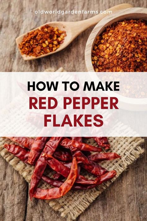 A countertop with a pile of dried red cayenne peppers, a bowl of red pepper flakes, and a wooden spoonful of red pepper flakes. From oldworldgardenfarms.com. Red Pepper Flakes Recipes, Garden Peppers, How To Make Red, Steak And Shrimp, Dried Peppers, Slow Cooker Chili, Hot Peppers, Potato Soup Recipe, Homemade Spices