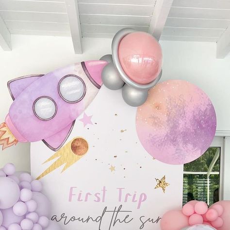 Galaxy Theme 1st Birthday Party, First Trip Around The World Birthday, Pink Space Theme Party, Over The Moon Party Theme, Pastel Space Birthday Party, Pink Space Birthday Party, Pastel Space Party, Galaxy First Birthday Party, Girl Space Themed Birthday Party