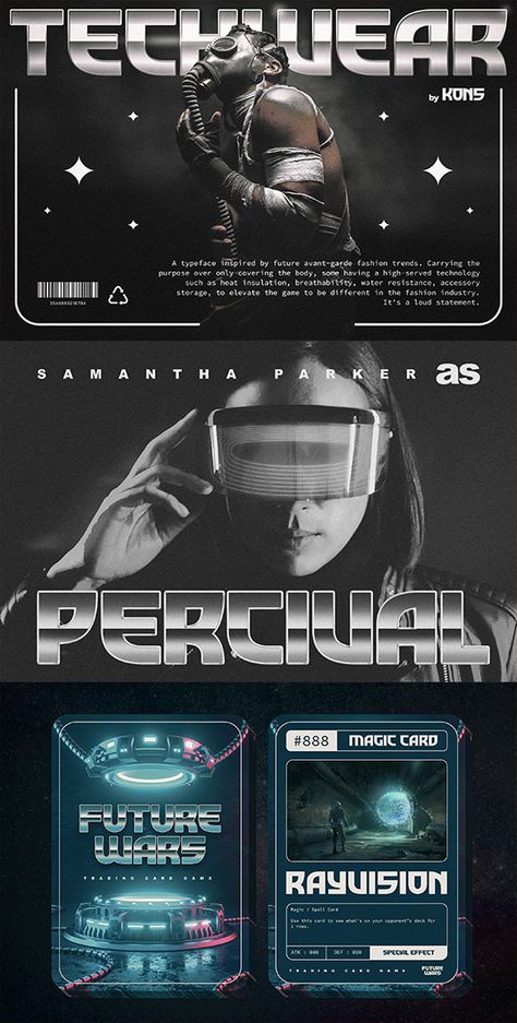 Get ready to jump into the retro-futurism era with Techwear. It is a futuristic typeface inspired from the 80s era and visuals of how people reinterpret the "future" in their fantasy back in the day. Perfectly fit for sci-fi concept, logo, branding, music project, vaporwave, synthwave concept, poster, game design, UI design, anytime you need to drive fast to the retro-futurism era, Techwear is the answer, comrades. Futuristic Typeface, Technology Design Graphic, Retro Games Poster, Poster Game, Magazine Layout Inspiration, Graphic Design Portfolio Cover, Speculative Design, Technology Posters, Music Project