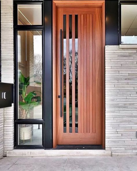 Every Arista Wood Door is built to order. This gives our clients the freedom to design and create a door that’s unique and personal… | Instagram Foyer Lighting Ideas, Mid Century Front Door, Mid Century Modern Front Door, Foyer Design Ideas, Mid Century Modern Door, Exterior Door Designs, Small Foyer, Mid Century Exterior, Modern Exterior Doors