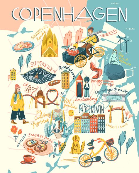 Map of Copenhagen Copenhagen Illustration, Copenhagen Trip, Travel Copenhagen, Copenhagen Poster, Copenhagen Map, Denmark Map, Illustrated Maps, Copenhagen Travel, Denmark Travel