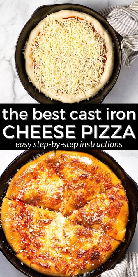 This quick and easy Cast Iron Skillet Pizza is a great way to switch up your usual Friday night pizza routine! This deep dish pizza has a thick crust that's crispy on the outside and chewy on the inside - it's so tasty that you can keep the toppings simple with just cheese or pepperoni! Use store-bought or homemade pizza dough for a perfect pizza every single time! Skillet Deep Dish Pizza, Cast Iron Pizza Recipe, Deep Dish Pizza Dough, Iron Skillet Pizza, Cast Iron Skillet Recipes Dinner, Cast Iron Skillet Pizza, Quick Pizza Dough, Friday Night Pizza, Deep Dish Pizza Recipe