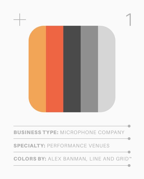 Color creates a Mood. Color can be used to convey actions, words, and even ambiance. Consider the color palette we developed for a fictional performance microphone manufacturing company. The orange and red imitate the low-light ambiance of a nighttime venue. Combined with neutral blacks and greys and we have a flexible yet meaningful brand color palette. Orange And Grey Color Palette, Company Color Palette, Grey Color Pallets, Perfume Content, Logo Color Combinations, Actions Words, Light Ambiance, Press Wall, Silver Color Palette