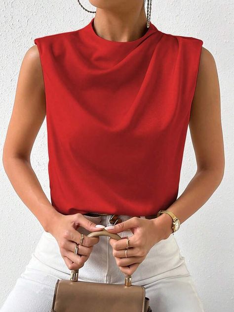 Beige Elegant Collar Sleeveless Woven Fabric Plain Top Embellished Non-Stretch Women Clothing Red Sleeveless Top Outfit, Uk Outfits, Sleeveless Top Outfit, Designer Overalls, Casual Chique Stijl, Formal Blouses, Sew Ideas, Casual Oufits, Style Désinvolte Chic