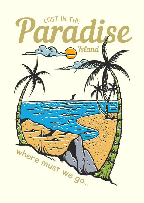 Design For Clothing Brand, Design For Clothing, Illustration Tshirt, Lost In Paradise, Hand Draw, Tshirt Design, Tropical Beach, Vintage Illustration, Premium Vector