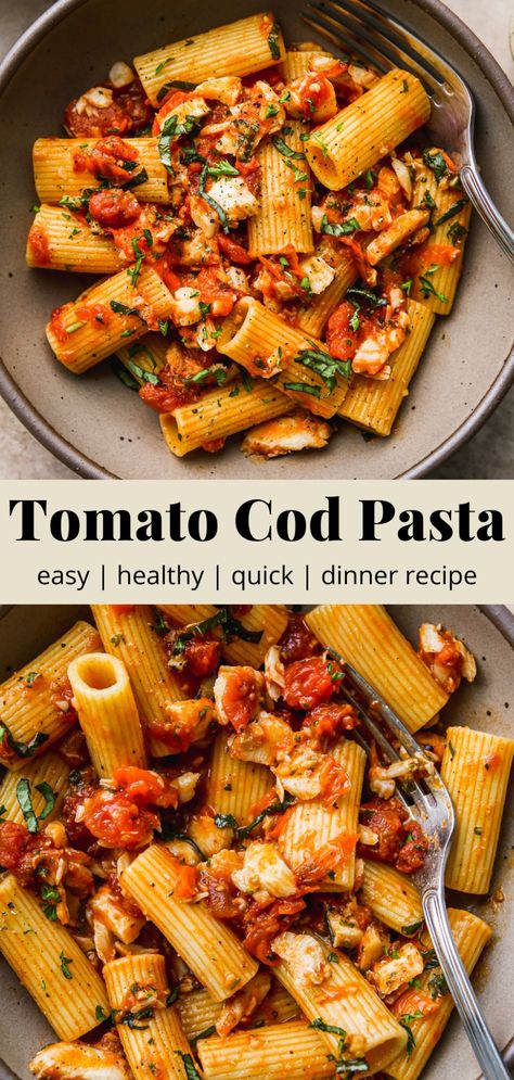 Tomato Cod Pasta (Simple & Healthy!) | Walder Wellness, RD (Dietitian) Cod Pasta, Cod Recipes Healthy, Pasta Simple, Fish Pasta, Seafood Pasta Recipes, Healthiest Seafood, Cod Recipes, Cooking Seafood, White Fish