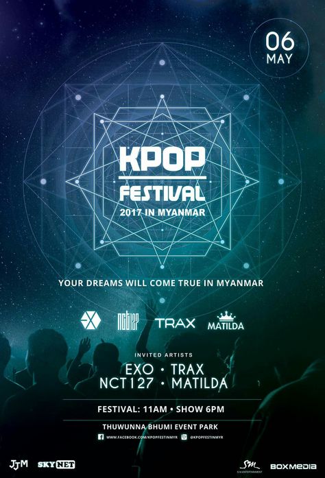 Kpop Festival 2017 in Myanmar #EXO #NCT127 #TRAX #MATILDA Kpop Festival Poster, Kpop Festival, Graphic Design Cards, Music Festival Poster, Festival Inspiration, Festival Poster, Festival Posters, Myanmar, Matilda