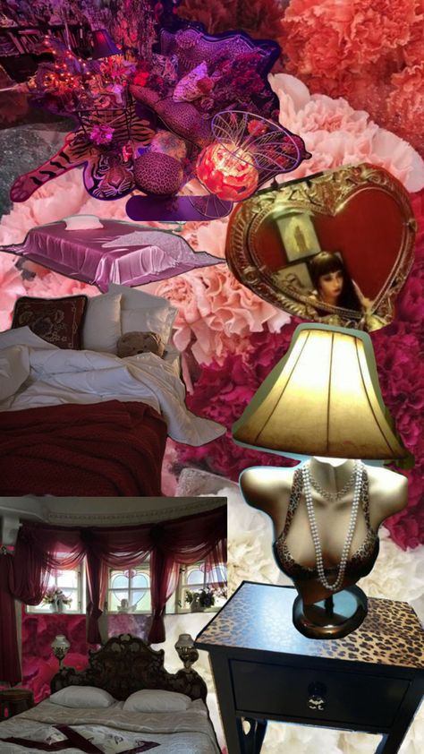 Dark Pink Bedroom Aesthetic, Burlesque Aesthetic Room, Hot Pink Bedroom Aesthetic, Dark Pink Bedroom, Maximalism Bedroom, Hot Pink Bedroom, Hollywood Interior Design, Pink Bedroom Aesthetic, Hot Pink Bedrooms