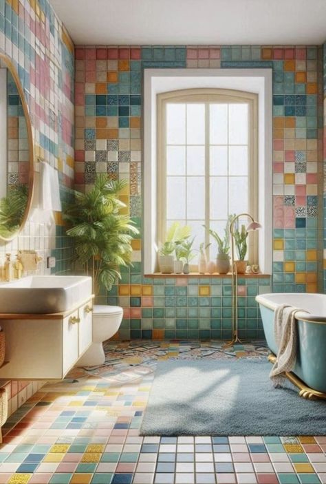 70s Bathroom Tile, 70s Style Bathroom, 70’s Bathroom, Funky Bathroom Ideas, Retro Bathroom Ideas, Olivia And Taylor, Bathroom Tiles Ideas, Funky Bathroom, Retro Bathroom Decor