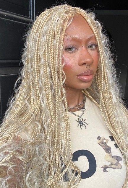 Blond Bohemian Braids, Bohemian Braids Blonde, Platinum Blonde Braids, Platinum Braids, Box Braids For Black Women, Bohemian Goddess Braids, Winter Protective Styles, Bleach Hair Ideas, Box Dreads