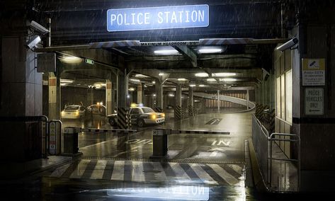 HEAVY RAIN - Police Station Entrance Police Station Concept Art, Sci Fi Police Station, Cyberpunk Police Station, Prince Of Persia Movie, Shadow Slave, Rain Illustration, Police Precinct, Video Game Artist, Quantic Dream