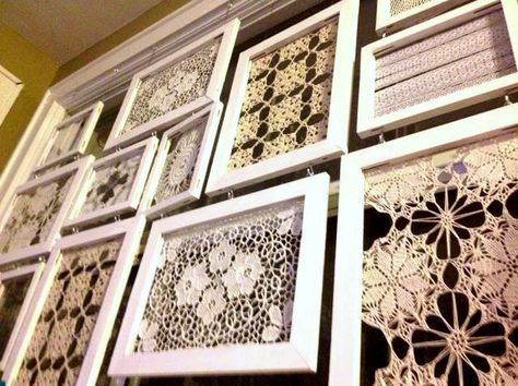 Dishfunctional Designs: Creative Uses For Old Lace Remnants & Crochet Doilies Framed Doilies, Recycler Diy, Doily Art, Doilies Crafts, Repurposed Art, Lace Crafts, Framed Pictures, Lace Doily, Linens And Lace