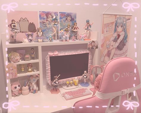 Pink Streamer Setup, Emo Pc Setup, Cutecore Desk Setup, Kawaii Setup Gaming, Kawaii Computer Setup, Cutecore Gaming Setup, Kawaii Desk Decor, Kawaii Setup, Pink Desk Setup