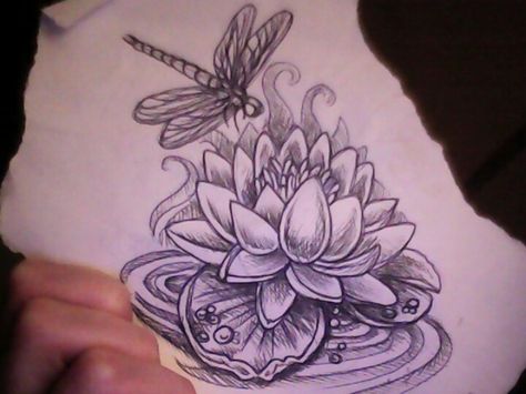 Water Lily And Dragonfly Tattoo, Lotus Flower Dragonfly Tattoo, Lotus And Dragonfly Tattoo, Dragonfly And Lotus Tattoo, Lotis Tattoo, Lilypad Tattoo, Cherry Blossom Tattoo Shoulder, Nana Tattoo, Black And White Flower Tattoo