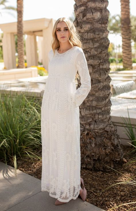 Weston White Lace Long Sleeve LDS Temple Dress | A Dressy Occasion Lds Dress, Lds Temple Dresses, Boho Lace Dress, Temple Dresses, Lds Temple Dress, White Bohemian Dress, Pretty White Dresses, Bohemian Lace Dress, Purple Lace Dress