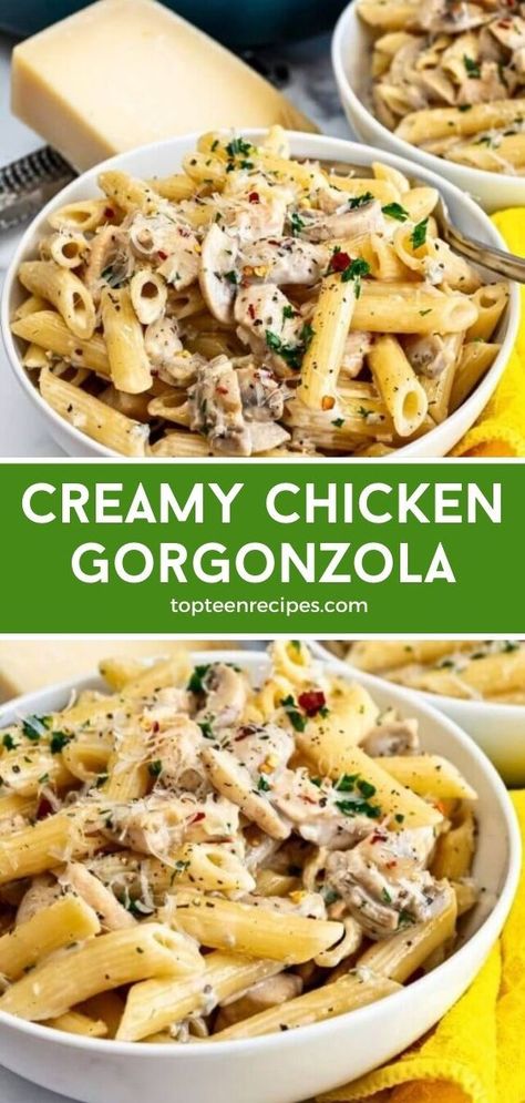 Penne gorgonzola with chicken is not only creamy but very flavorful. You can taste the cheese, and it makes a sauce that combines beautifully with earthy mushrooms and tender chicken bites. Chicken gorgonzola (pollo gorgonzola in Italian) is one of my all-time favorite pasta dishes. All this dish needs is homemade Italian bread! Gorgonzola Chicken, Slow Cooker Pasta Bake, Chicken Gorgonzola, Homemade Italian Bread, Gorgonzola Recipes, Spinach Ricotta Pasta, Gorgonzola Pasta, Gorgonzola Sauce, Sage Recipes