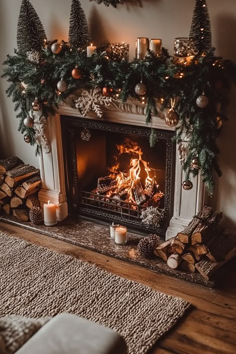 Transform your living space with this enchanting winter home decor setup. Garland, candles, and twinkling lights around the fireplace create a warm and cozy ambiance. Perfect for those chilly nights by the fire. #winterhomedecor #cozyvibes #holidaydecor Warm White Christmas Aesthetic, Christmas Photoshoot Fireplace, Cozy Chic Christmas Decor, Christmas At Grandmas Aesthetic, Candles Inside Fireplace Ideas, Woodsy Christmas Aesthetic, Warm Cozy Christmas Aesthetic, Warm Christmas Aesthetic Cozy, Cozy Christmas Living Room Fireplaces