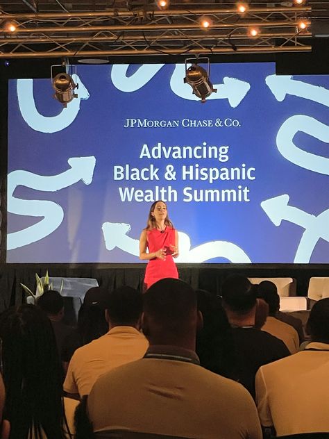 Photo of woman standing in front of a presentation slide at JPMorgan Chase Wealth Summit in Dallas Presentation Design Inspiration, Jp Morgan Chase, Jpmorgan Chase & Co, Keynote Design, Jp Morgan, Vision Board Images, College Life, Big Screen, Presentation Design