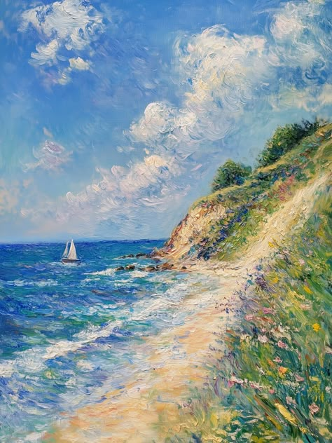 A serene coastal scene features a winding path along steep cliffs overlooking a sailboat on the vibrant blue sea. Wildflowers dot the landscape, and fluffy clouds billow against a clear sky. Click the link in our bio to explore our Monet inspired collection and add a touch of beauty to your space today!   #landscape #nature #Monet #impressionism #aiart #serene #ethereal #wallart #decor Monet Ocean Paintings, Claude Monet Seascape, Claude Monet Landscape, Coastal Oil Paintings, Summer Beach Painting, Impressionist Art Aesthetic, Claude Monet Paintings Impressionism, Monet Paintings Impressionism, Cloud Monet