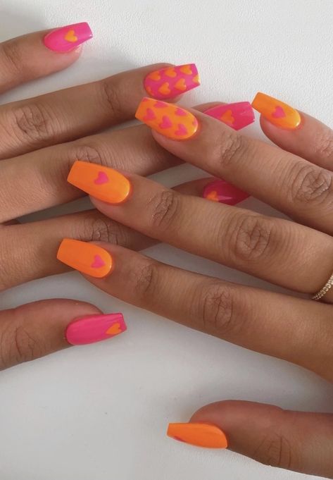 Orange Heart Nails, Orange And Hot Pink Nails, Hot Pink Orange Nails, Orange Heart, Hot Pink Nails, Red Nail Designs, Orange Nails, Prom Nails, Heart Nails