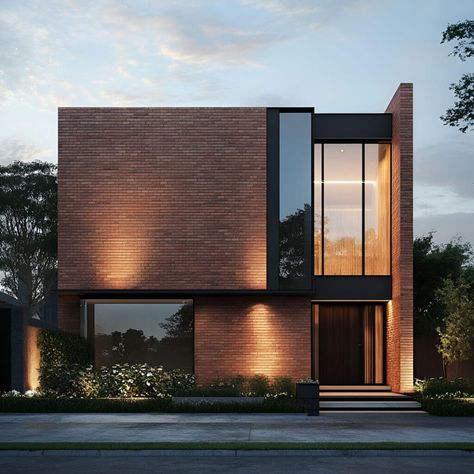 Modern two-story home featuring a minimalist brick facade paired with vertical glass panels for a contemporary look. The clean lines and strategic lighting enhance the natural texture of the brick, adding warmth and character to the exterior. This design showcases brick's versatility as a building material, perfect for those seeking inspiration for elegant and modern home architecture that combines classic materials with modern aesthetics. Breezeblock Architecture, Brick And Glass Facade, Modern Brick Facade, Modern Brick Building, Industrial Facade Design, Modern Industrial Architecture, Vertical Brick, Industrial Exterior Design, 1 Floor House