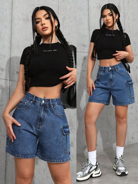 Women's Casual Denim Shorts Blue    Denim Plain Wide Leg Non-Stretch  Women Clothing, size features are:Bust: ,Length: ,Sleeve Length: Wide Leg Denim Shorts, Cool Style Outfits, Adidas Samba Outfit, Women Denim Shorts, Jean Short Outfits, Samba Outfit, Casual Denim Shorts, Denim Shorts Women, Short En Jean