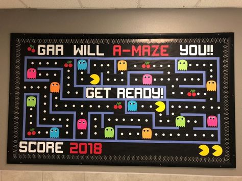 Pac-man board Playing Cards Bulletin Board, Pacman Bulletin Board, Pac Man Bulletin Board Ideas, Gaming Classroom Themes, Pac Man Bulletin Board, Game Bulletin Board Ideas, Pac Man Decorations, Senior Bulletin Board Ideas, Welcome Back Board