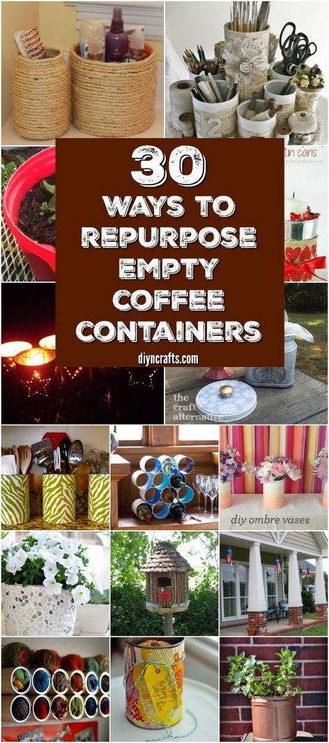 30 Crafty Repurposing Ideas For Empty Coffee Containers {With tutorial links} via @vanessacrafting Coffee Can Diy Projects, Folgers Coffee Container, Plastic Coffee Cans, Plastic Coffee Containers, Recycler Diy, Coffee Creamer Container, Creamer Bottles, Coffee Can Crafts, Repurpose Diy