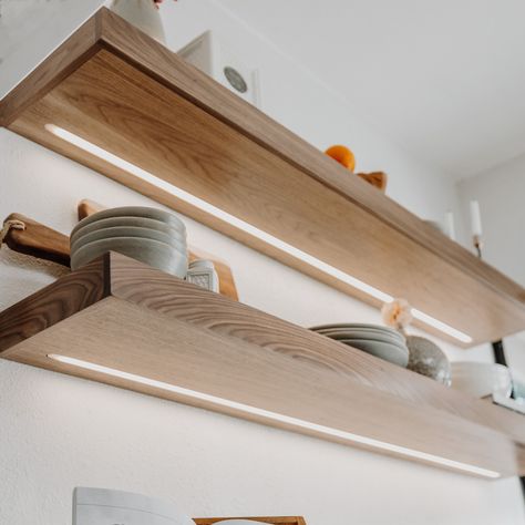 Floating Shelves Mid Century Modern, Dining Floating Shelves, Wooden Floating Shelves Kitchen, Floating Shelf Lighting, Floating Shelves With Led Lights, Floating Kitchen Cabinets, Shelves Above Kitchen Sink, Led Floating Shelves, Wood Shelf Diy