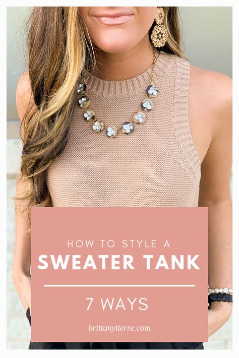 Take a look at how to style a sweater tank 7 ways! | Sleeveless sweater, sleeveless sweater outfit, sweater tank, sweater tank outfit, spring outfit, summer outfit, shorts outfit, paperbag shorts, beige sweater outfit, black shorts outfit, womens spring fashion, womens summer fashion, classy summer outfit, blogger style, balayage, balayage hair, balayage hairstyle, long curled hair, long hair style, curled hair Sweater Tank Top Outfit Layered, Sweater Tank Top Outfit Winter, White Sweater Tank Outfit, How To Wear Sleeveless Sweater, Sweater Tank Top Outfit Summer, Sweater Tank Top Outfit Fall, Tank Top Sweater Outfit, Sleeveless Sweater Outfit Winter, Tan Tank Top Outfit