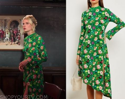 The Politician: Season 1 Episode 3 Astrid's Green Floral Dress | Shop Your TV The Politician Outfits, Astrid Sloan, The Politician, Say Yes To The Dress, Worn On Tv, Where To Buy Clothes, Split Legs, Green Floral Dress, Street Style Winter