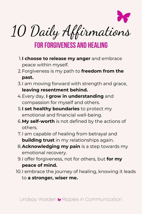 Navigate the path to forgiveness and healing with these empowering daily affirmations. Whether you're overcoming the pain of financial betrayal or rebuilding trust, let these affirmations guide you towards peace and resilience. Discover more ways to heal on my blog. #HealingAffirmations #FinancialForgiveness Betrayal Healing, Overcoming Betrayal, Healing From Betrayal, Affirmations For Healing, How To Forgive, Ways To Heal, Emotional Recovery, Dealing With Anger, Unanswered Questions