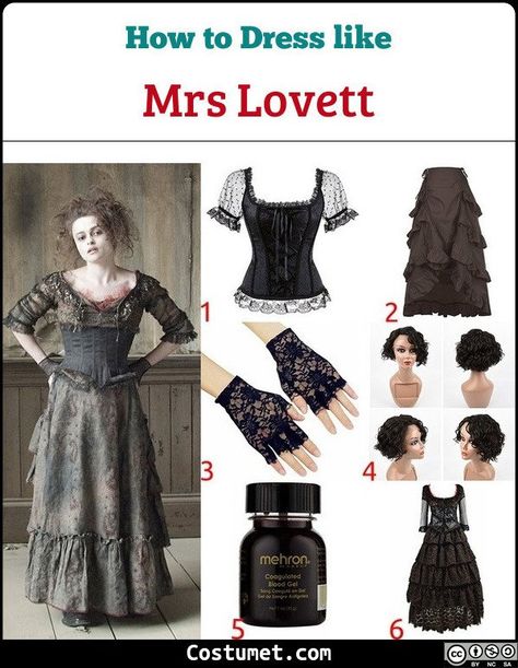 Mrs. Lovett costume is a long gothic dress full of lace and ribbons. Her hair is also in disarray.            #Female #movies #female #goth #HelenaBonhamCarter #SweeneyTodd Ms Lovett Costume, Gothic Costume Halloween Women, Tim Burton Costume Ideas, Broadway Halloween Costumes, Mrs Lovett Costume, Female Movies, Long Gothic Dress, Sweeney Todd Costume, Tim Burton Costumes