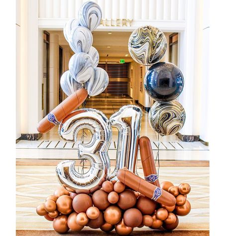 Balloon Stylist & Party Shop on Instagram: “Keeping it classy with this cigar theme balloon structure. 🥃💨” Ballon Ideas For Birthday Men, Bourbon And Cigars Party Decorations, 40th Balloon Ideas For Men, Male Birthday Ideas, Men Party Ideas Decoration, Aged To Perfection Party Theme, Men Birthday Party Ideas Decoration, Birthday Party Ideas Decoration, Ballon Ideas