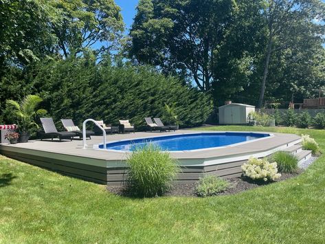 Semi / Above Ground Pools — Dunrite Pools Semi Above Ground Pool Ideas, Semi Inground Pool Deck, Semi Above Ground Pool, Semi Inground Pool Ideas, Decks Around Pools, Inground Pool Designs, Inground Pool Landscaping, Pool Deck Plans, Semi Inground Pools